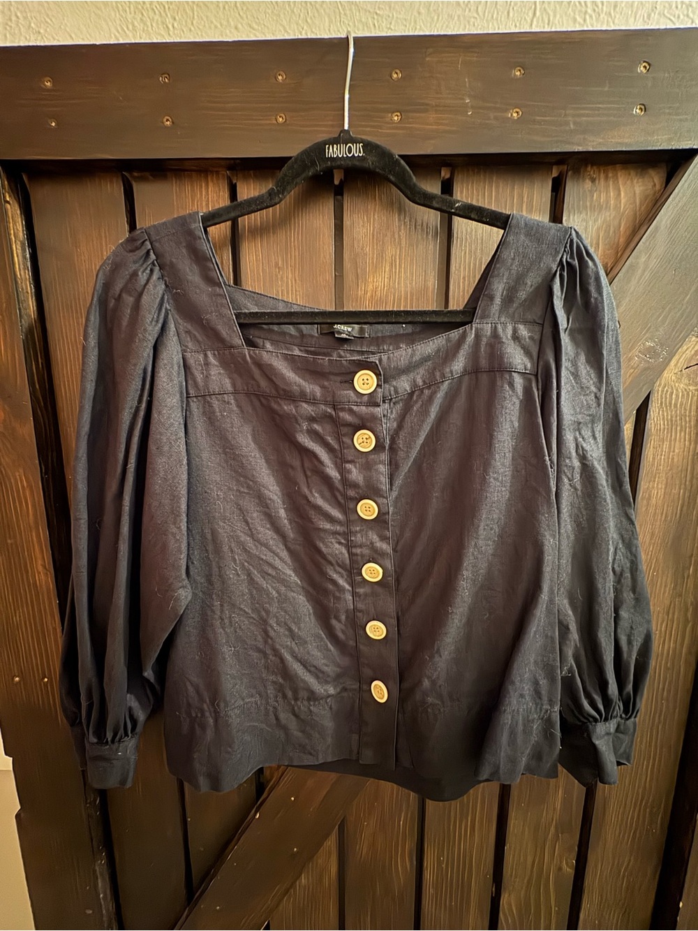 J. Crew Black Square-Neck Button-Front Blouse with Puffed Sleeves